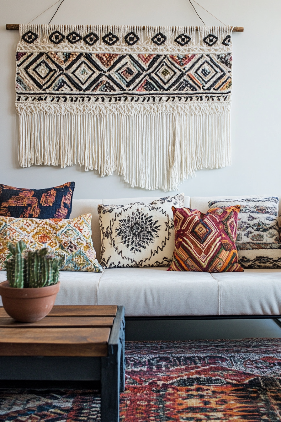 Boho living room. Macrame wall hangings and patterned throw pillows.