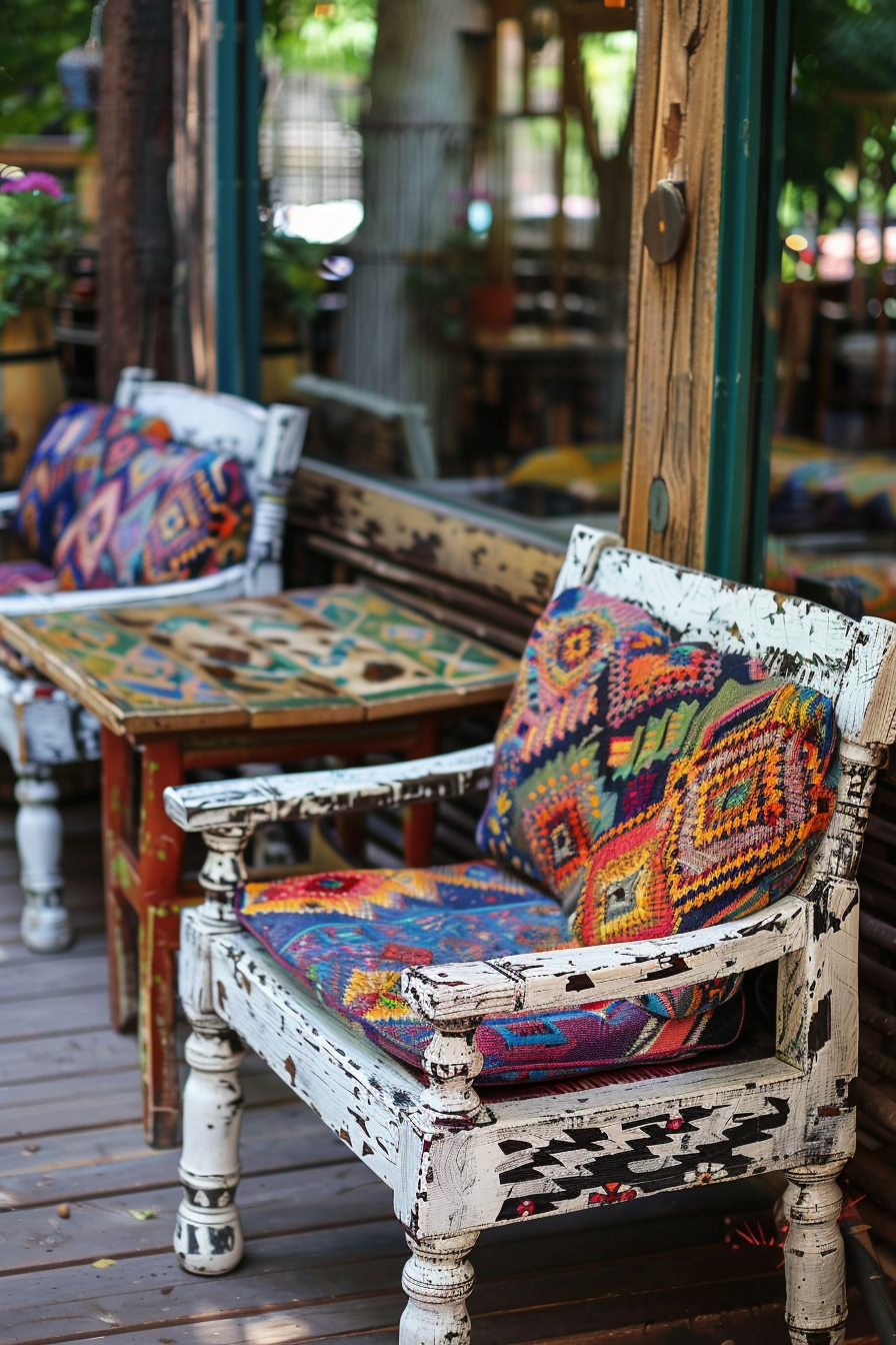 Chic Boho Patio. Distressed wooden furniture with colorful aztec-patterned cushions.