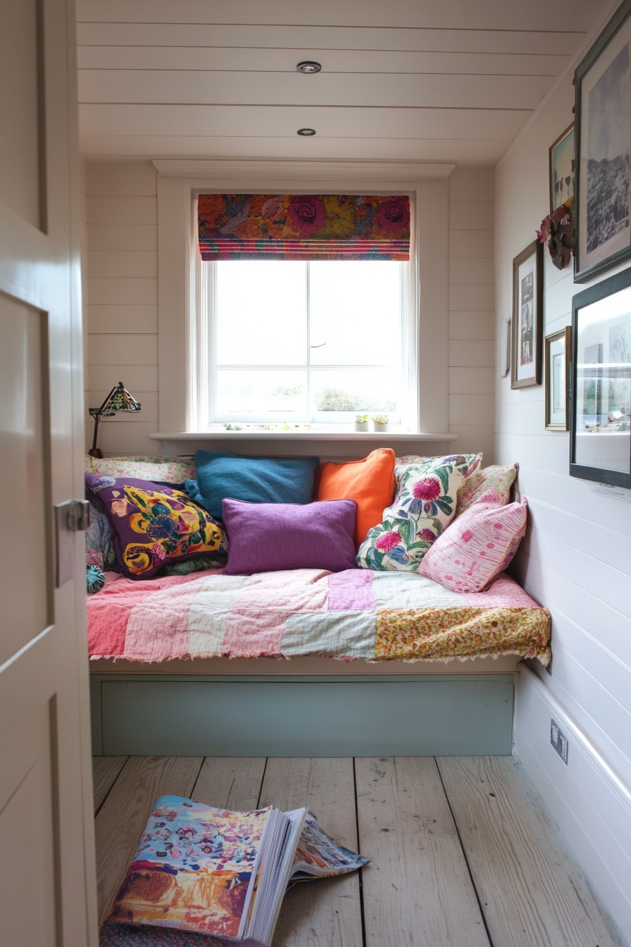 Living room for tiny space. Pastel accents with a fold-out daybed.