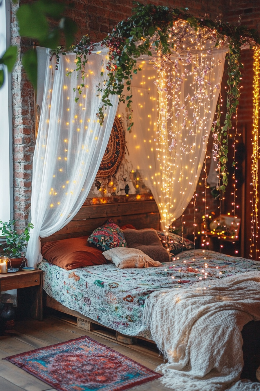 Whimsical boho bedroom. Canopy bed garnished with mulberry fairy lights.