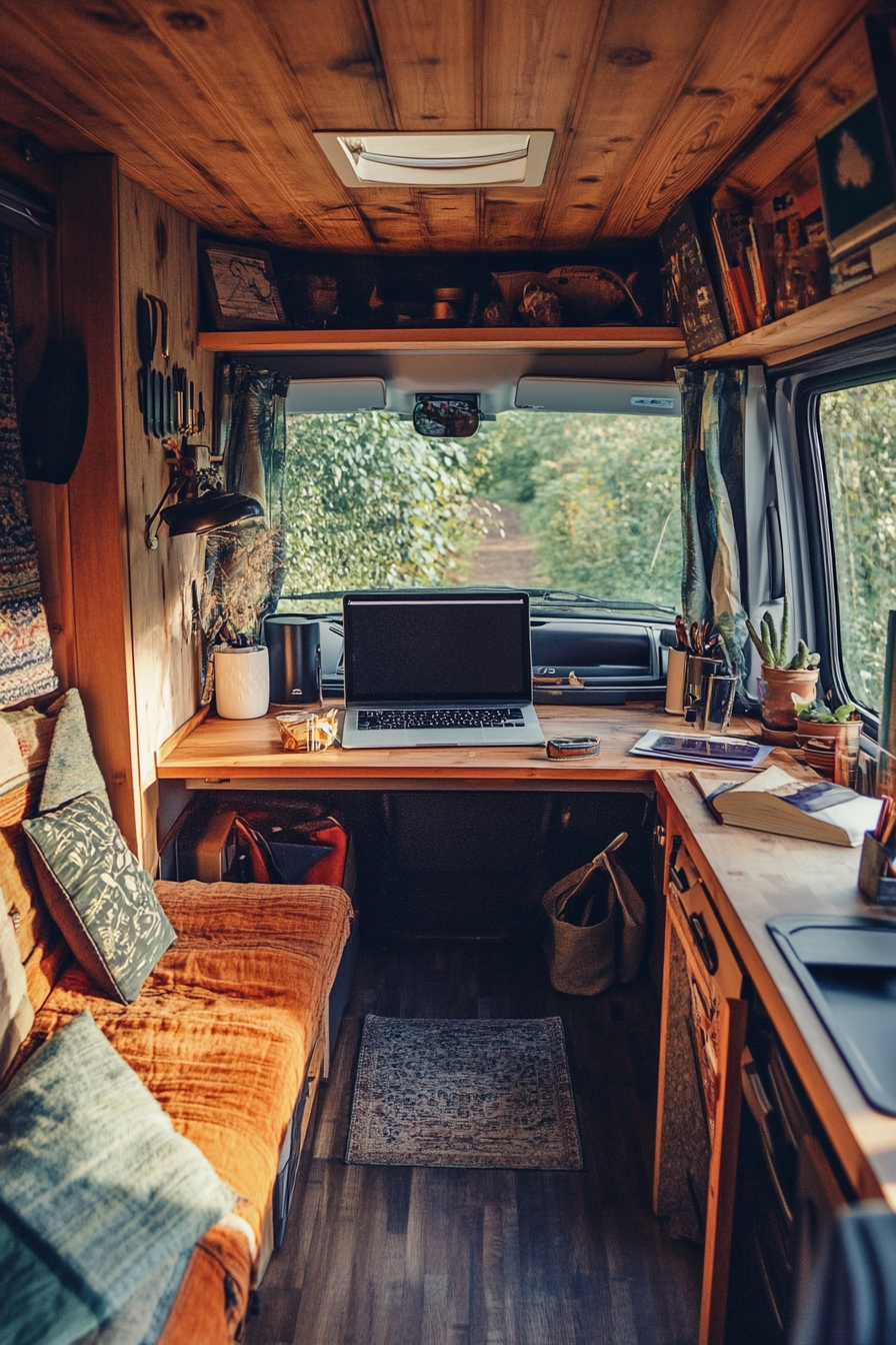 Camper van interior. Spacious desk facing out a wide window.