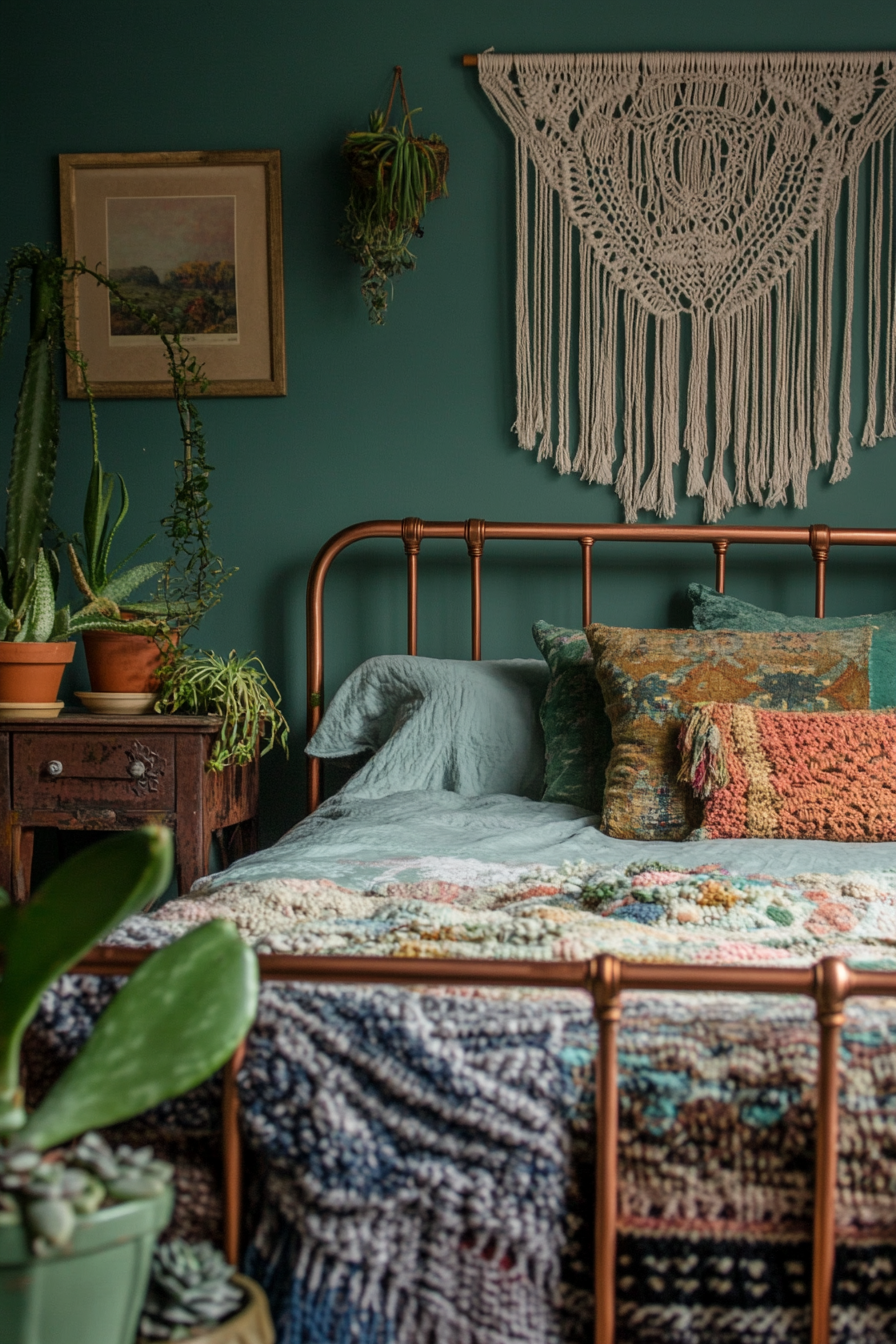 Boho bedroom. Copper bed frame, sage green walls, macrame tapestry, scattered succulents.