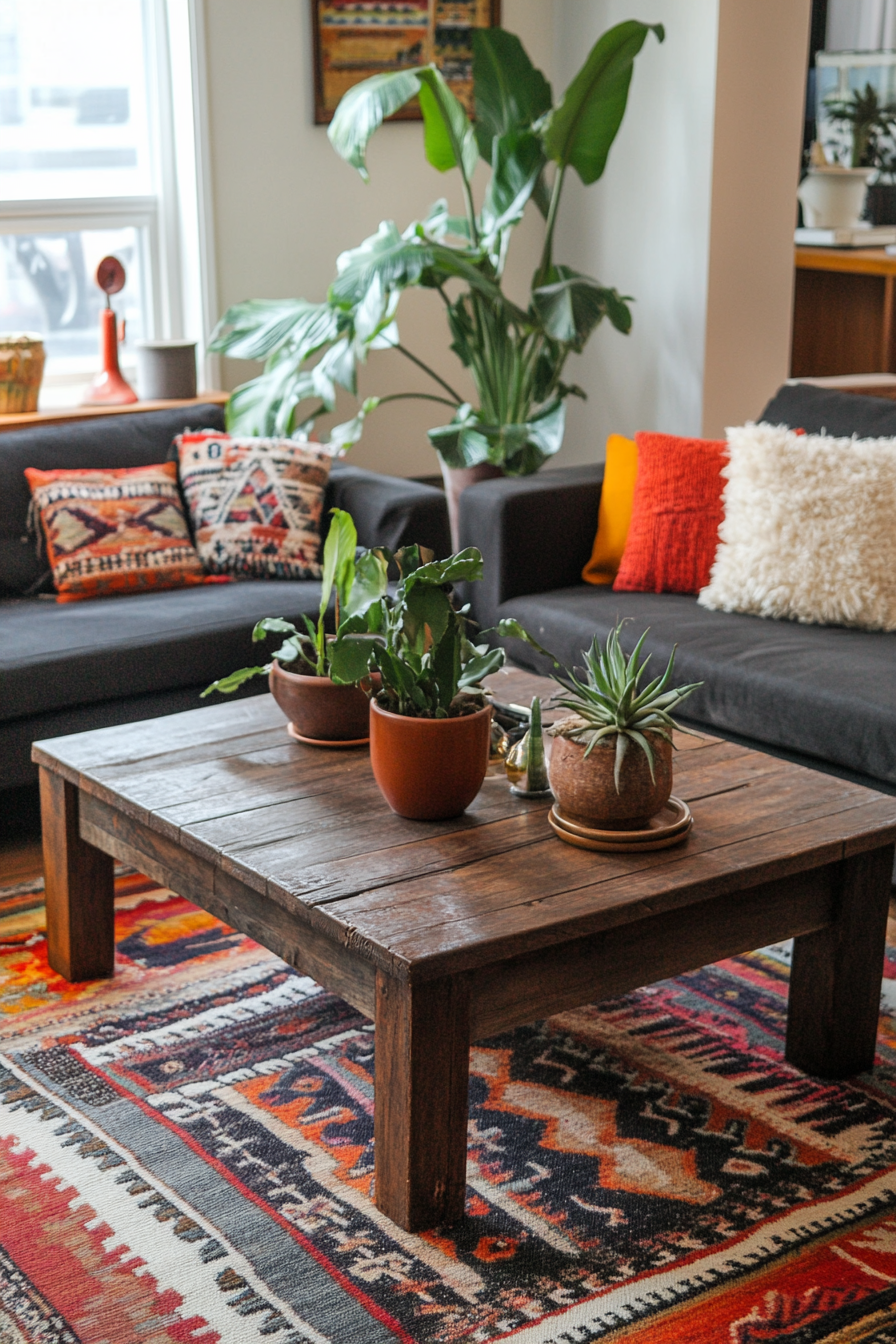 Boho living room. Dark wood coffee table with multi-colored kilim rug.