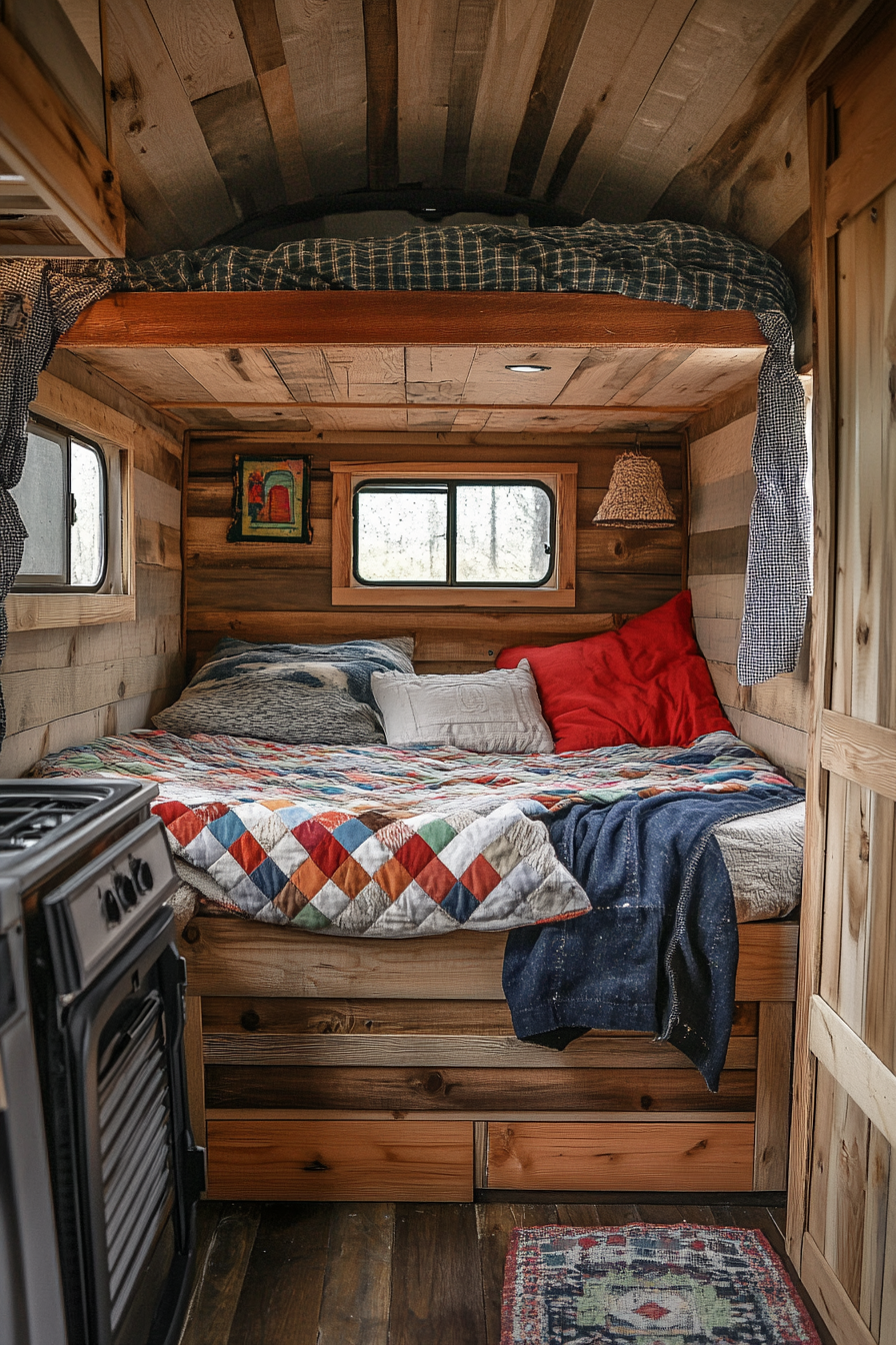 Tiny House Camper. Weathered wood interior with quilted comforter, exterior view of compact trailer.