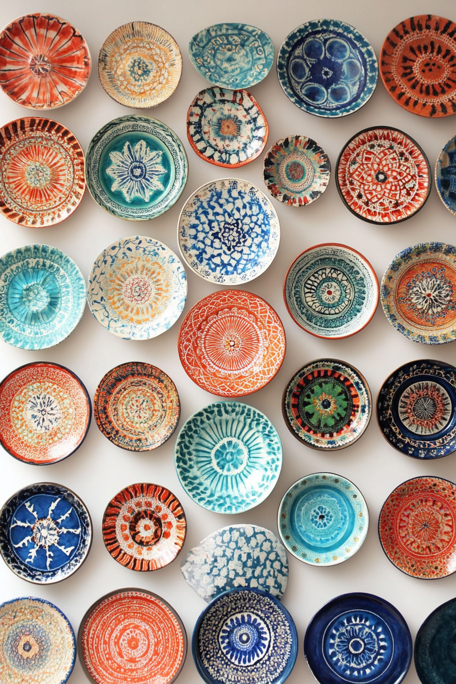 DIY Wall Decor. Decorative hanging plates with varied ethnic patterns.