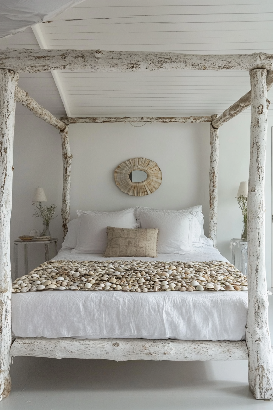 Coastal bedroom. DIY shell-encrusted mirror over whitewashed wooden bed frame.