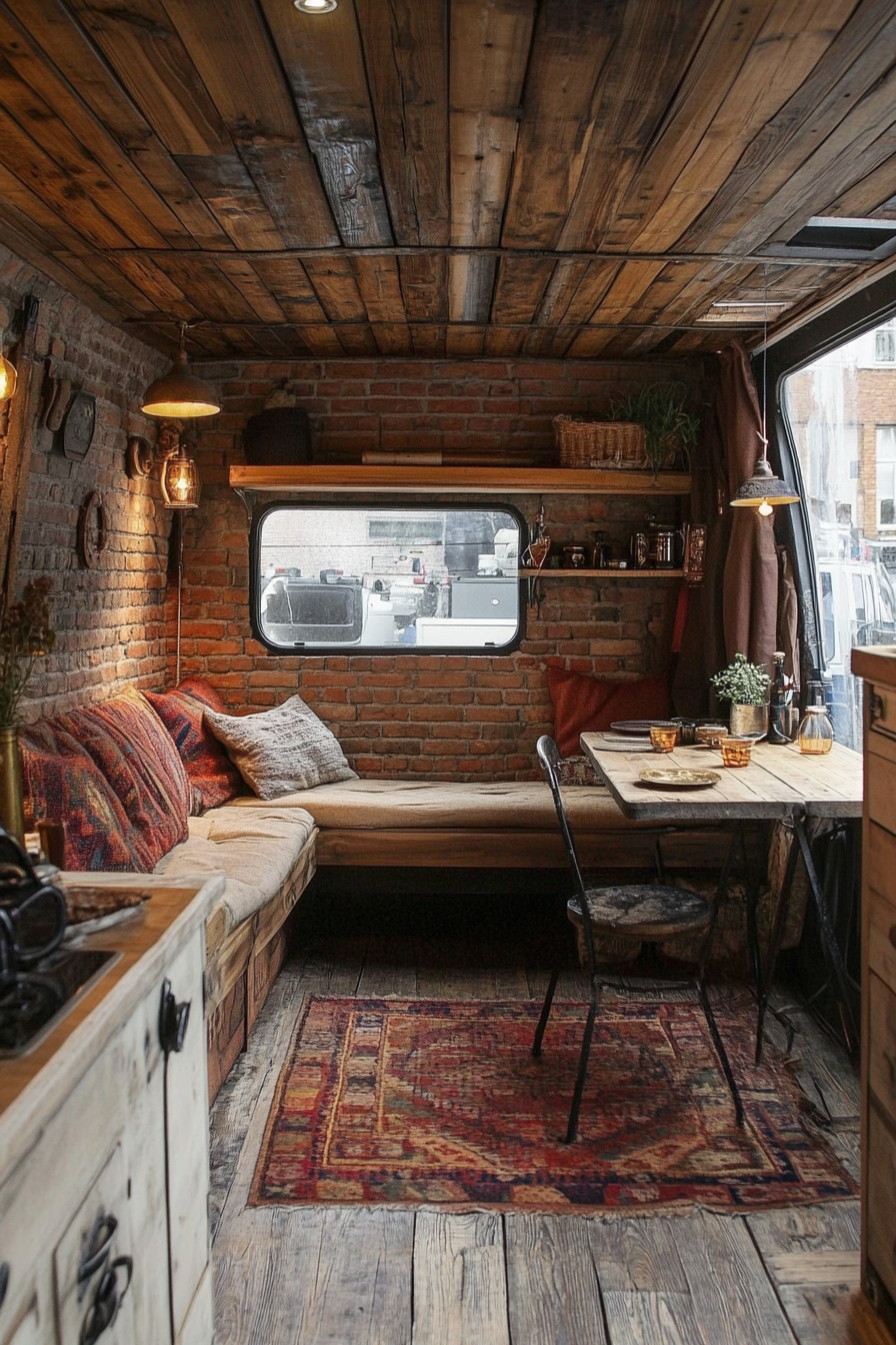 Camper van. Exposed brick walls with wood-panelled ceiling.