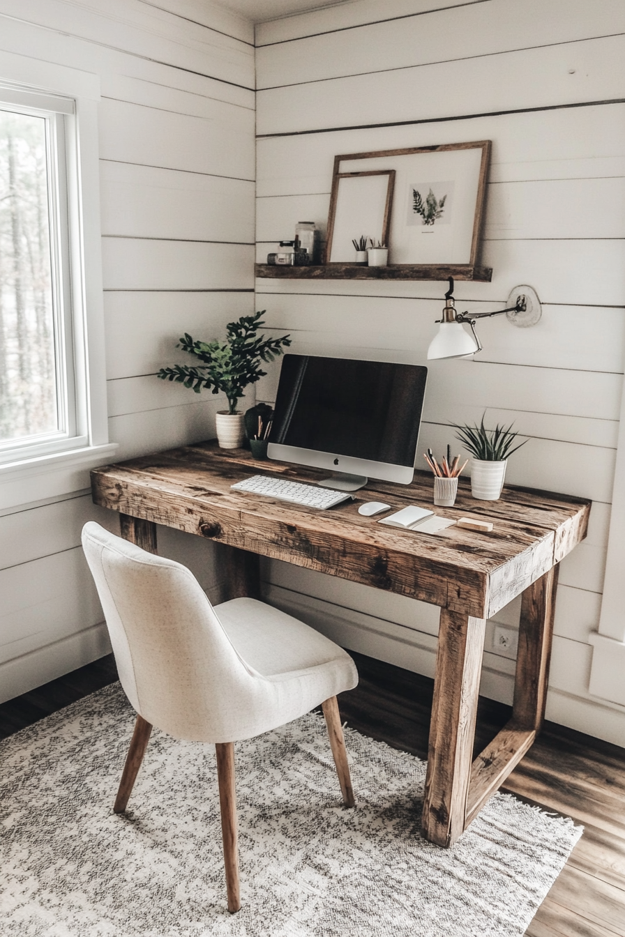 Remote work setup. Reclaimed wood desk with ergonomic chair in white shiplap room.