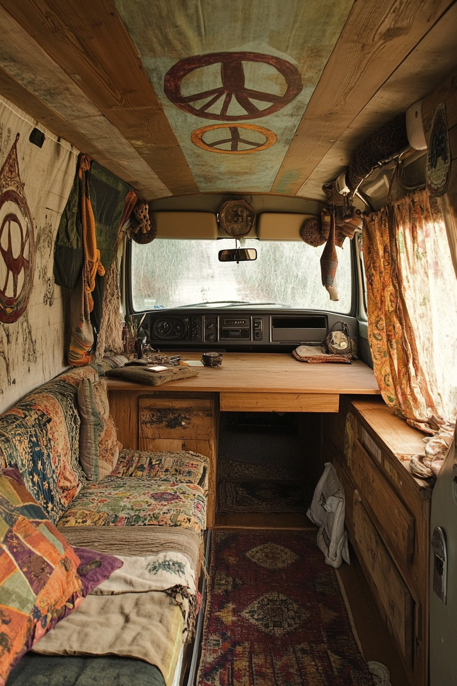 Camper van. Rustic interior, oak desk, peace sign murals, earth-tone cushions.