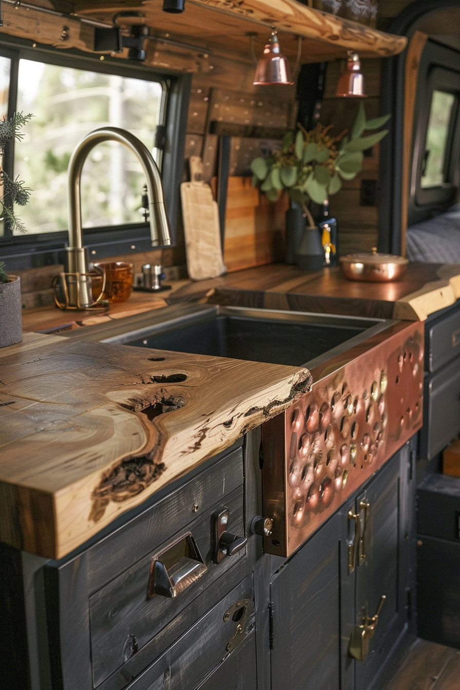 Camper van kitchen. Rustic wood grain aesthetics with aged copper accents.