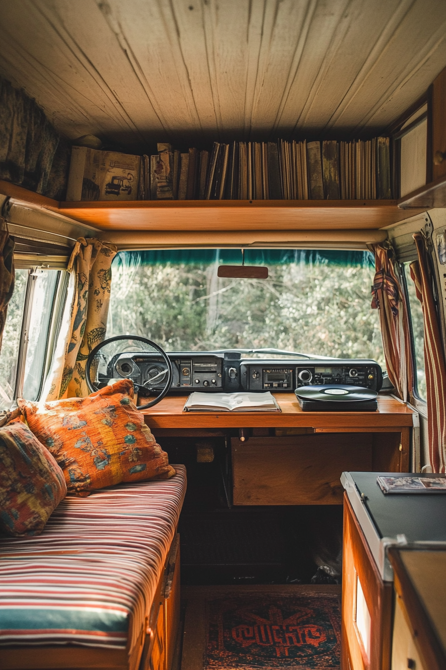 Hippie Camper Van office. Pinstriped cushion, cherry wood desk, retro record player.