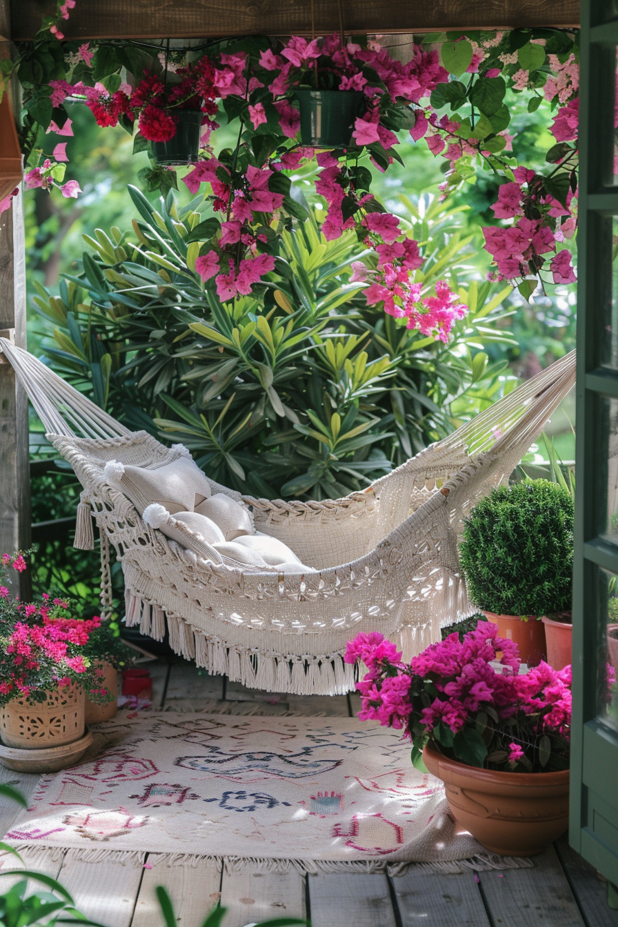 Chic Boho Patio. Welcoming macramé hammock swaying among potted pink azaleas.