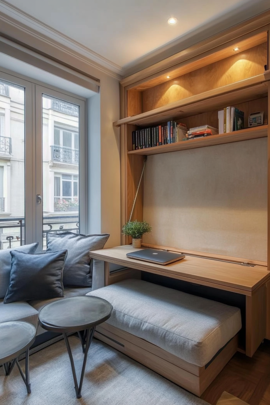 Living room decor. Wall-mounted fold-out desk with an extending floor seating area.