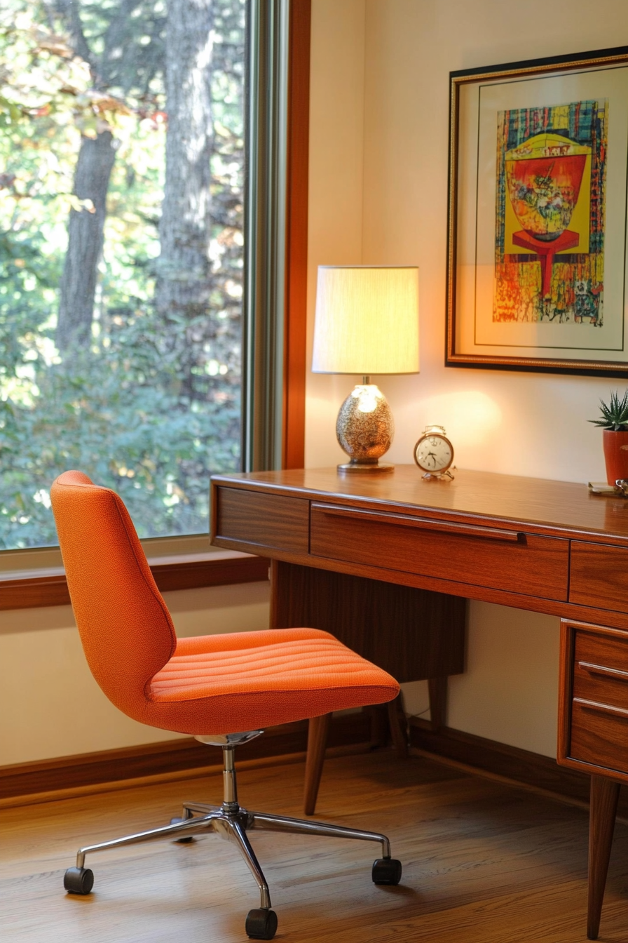 Mid-Century Modern Home Office. Teak desk with tapered legs and orange upholstered swivel chair.