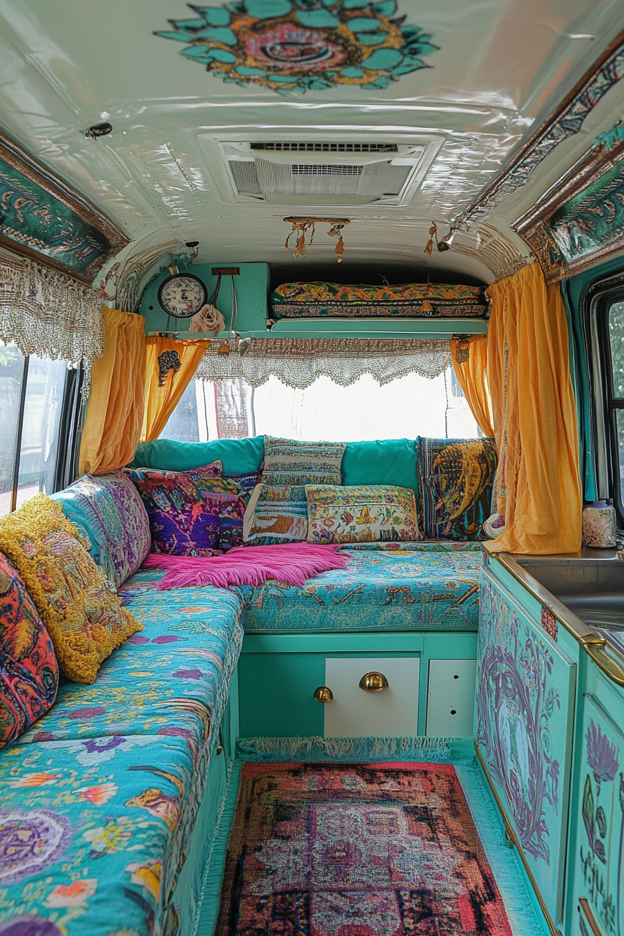 Eclectic camper interior. Turquoise upholstery with patterned bohemian tapestry.