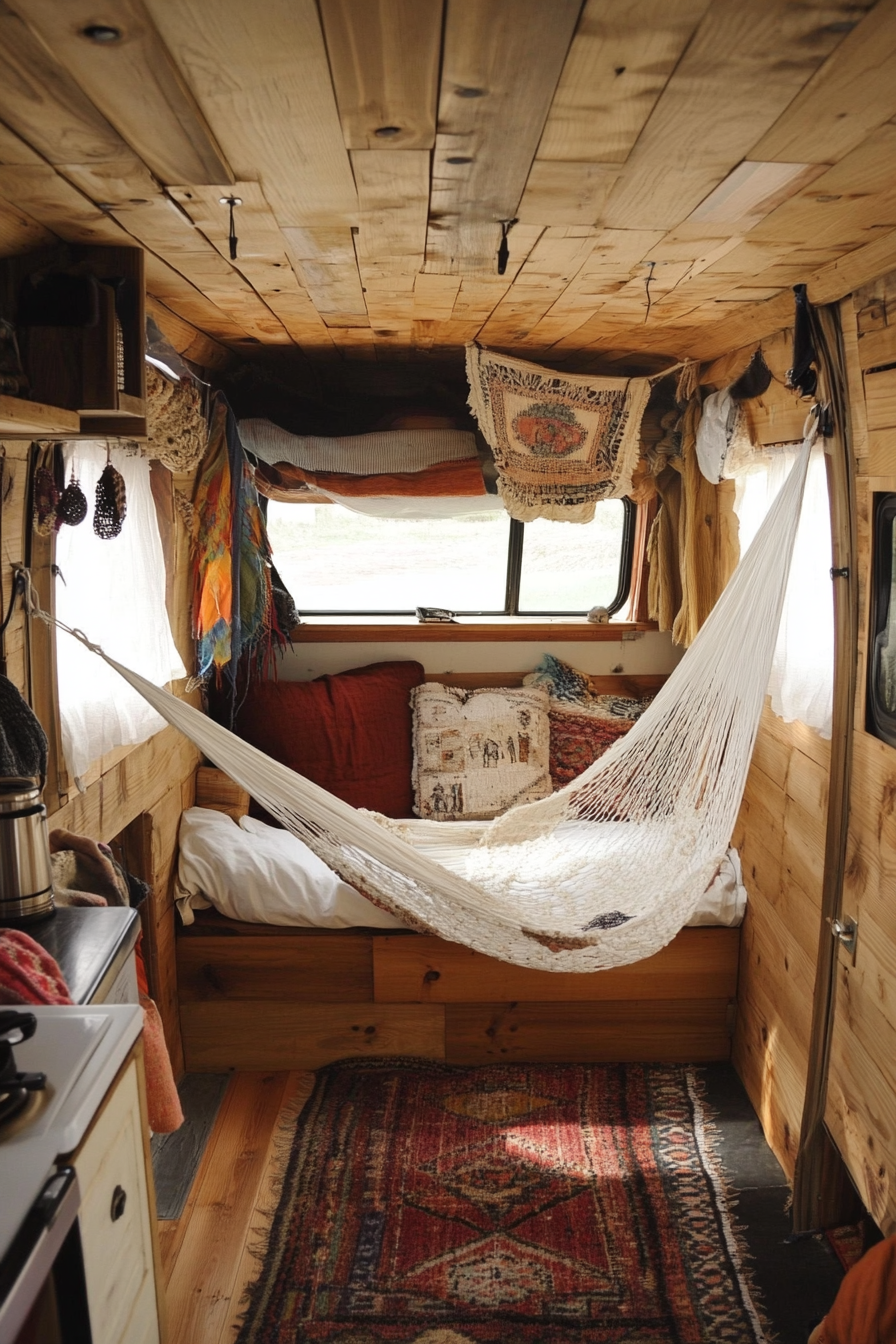 Camper van interior. Exposed wooden panels paired with white hammock.