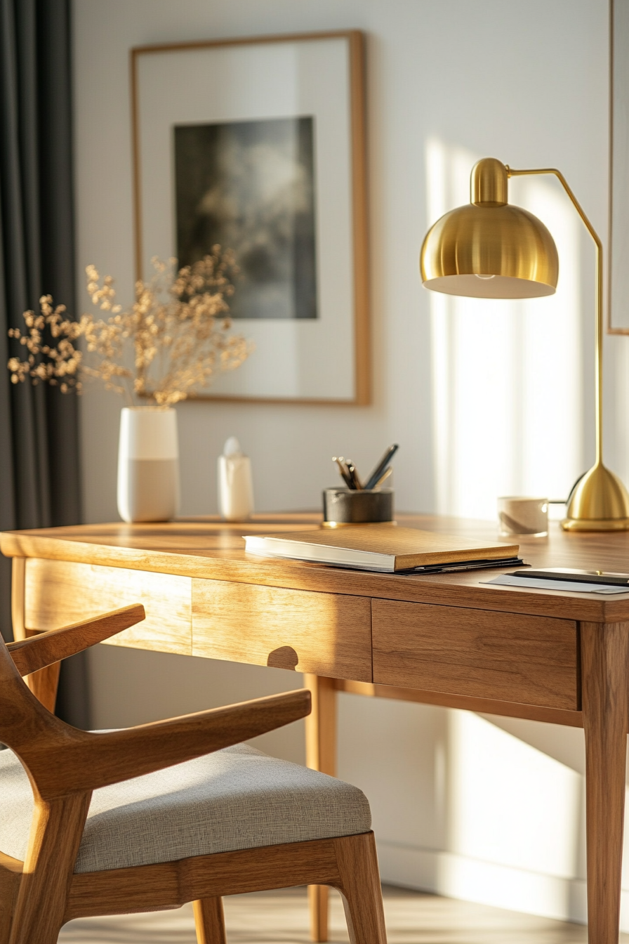 Home office inspiration. Wooden desk with impartial golden table lamp.