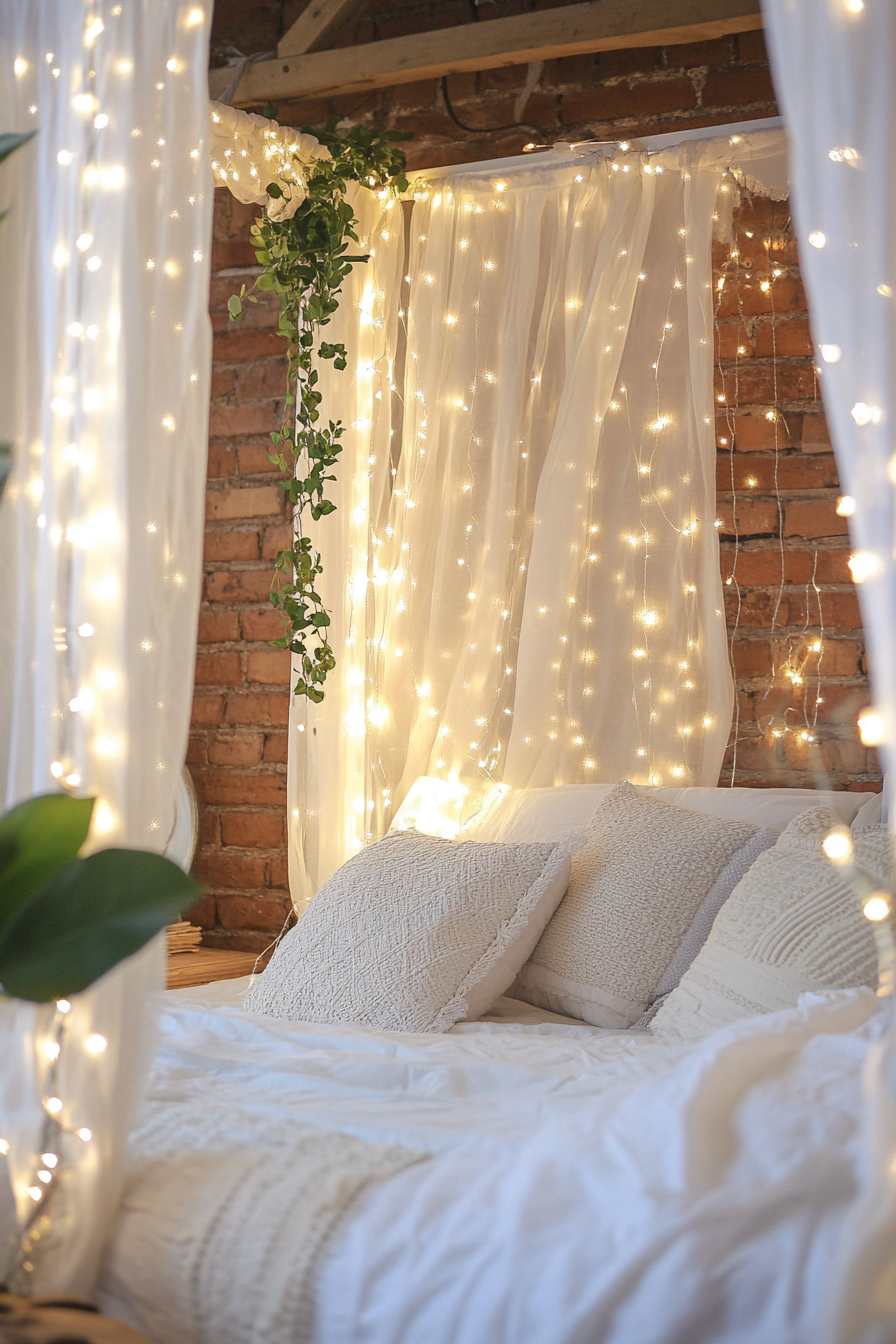 Boho-whimsical bedroom. Draped fairy lights over a white canopy bed.