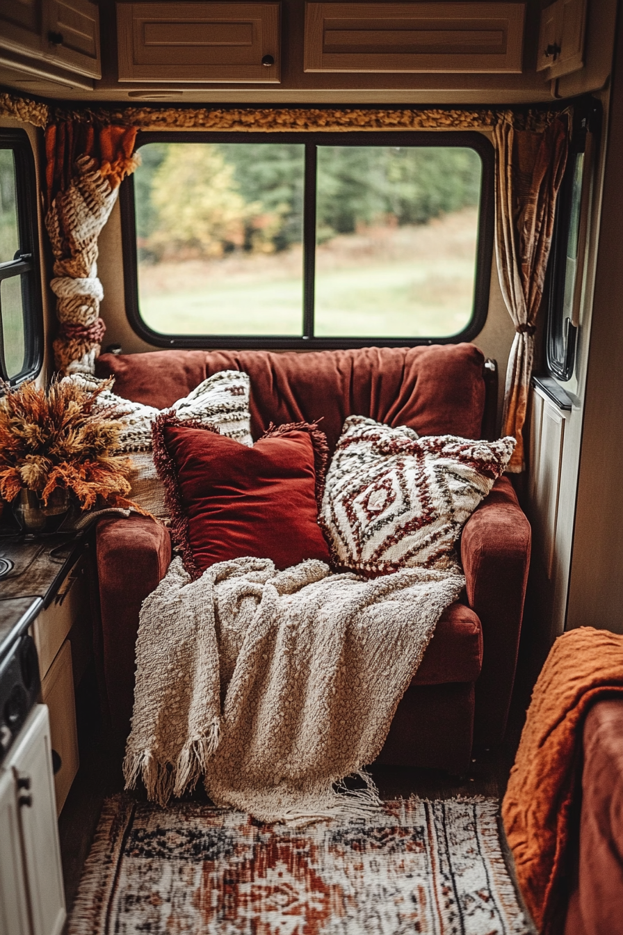 Cozy Fall RV interior. Amber cushions and burgundy plush throw blankets.