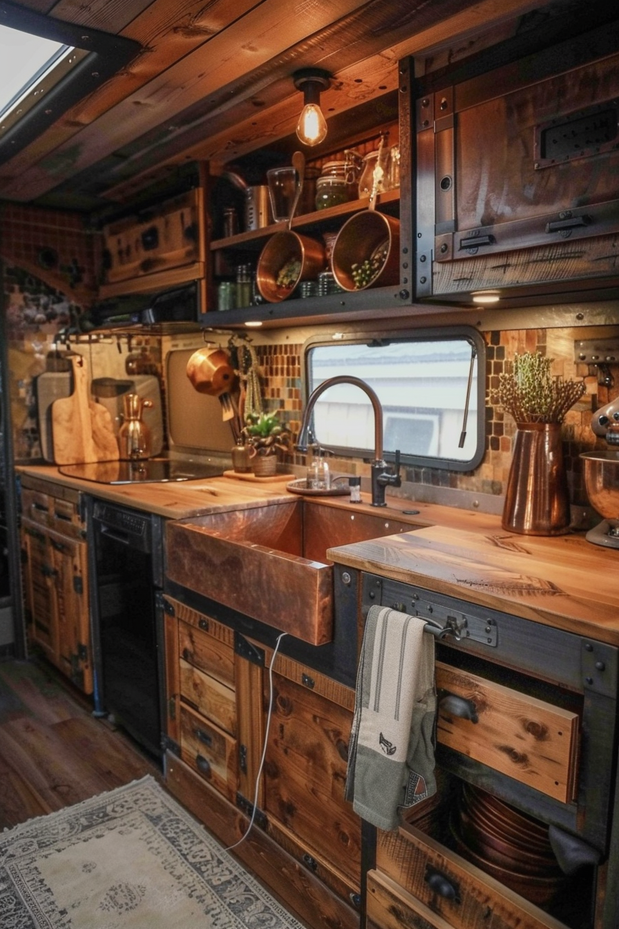 Camper Van Kitchen. Copper sink with distressed wood cabinets.