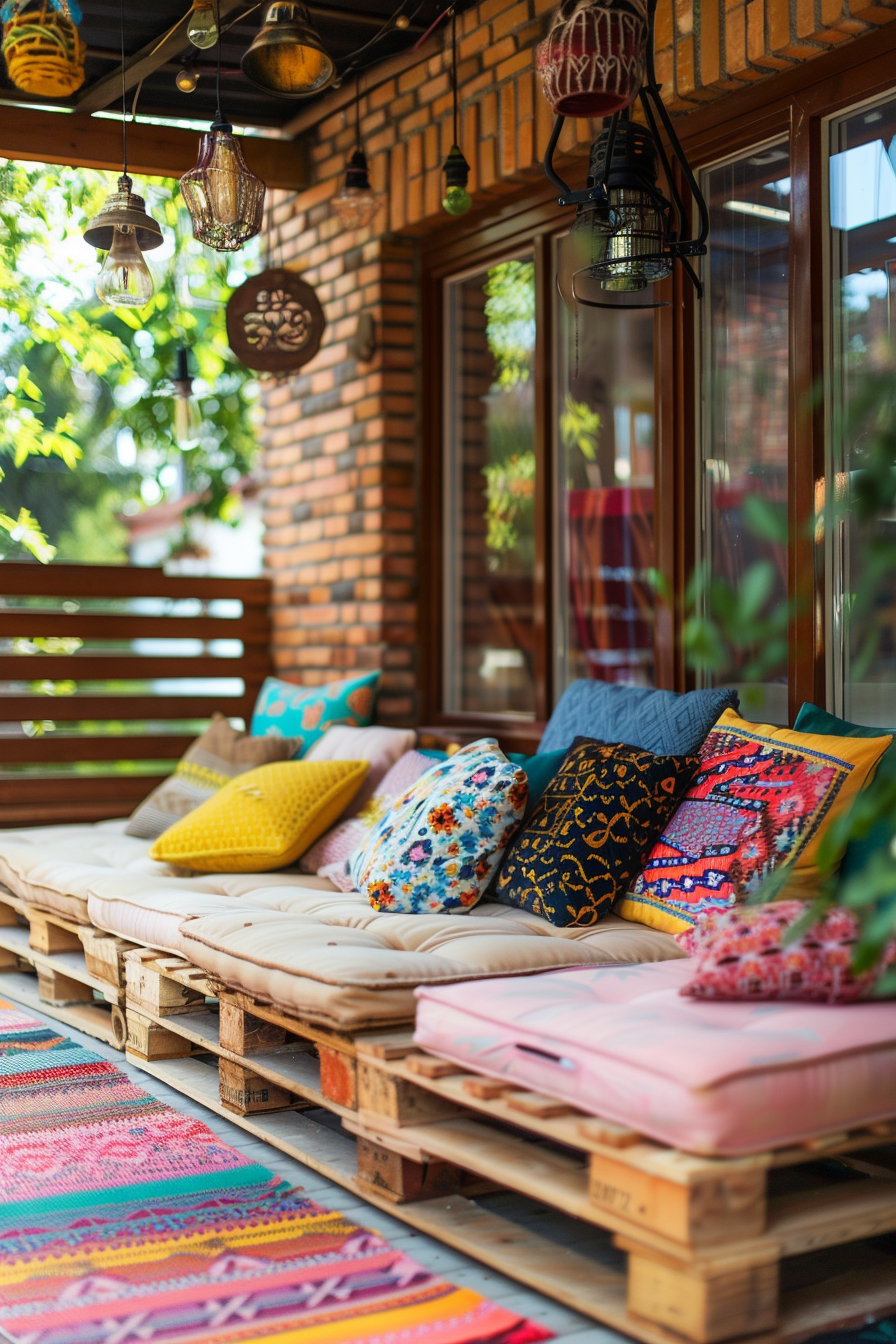 Chic Boho Patio. Wooden pallet lounge set with pastel colored cushions.