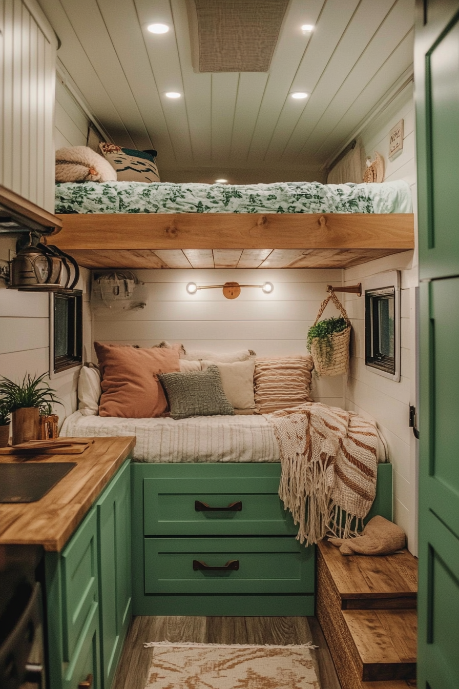 Tiny House Camper. Interior with wooden accents, exterior with mint green paint.