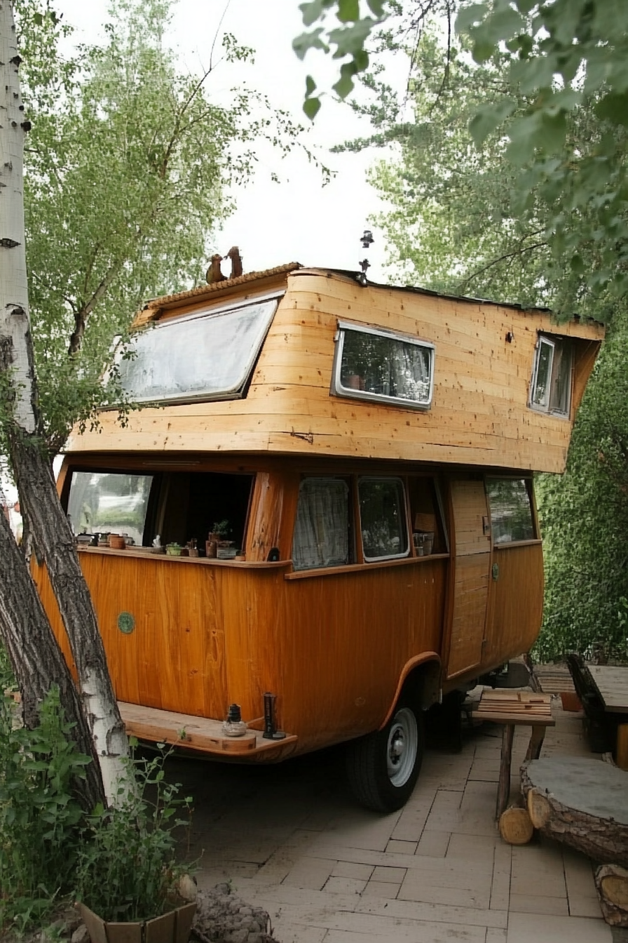 Hippie Camper Van. Van rooftop deck with surrounding birchwood office space.