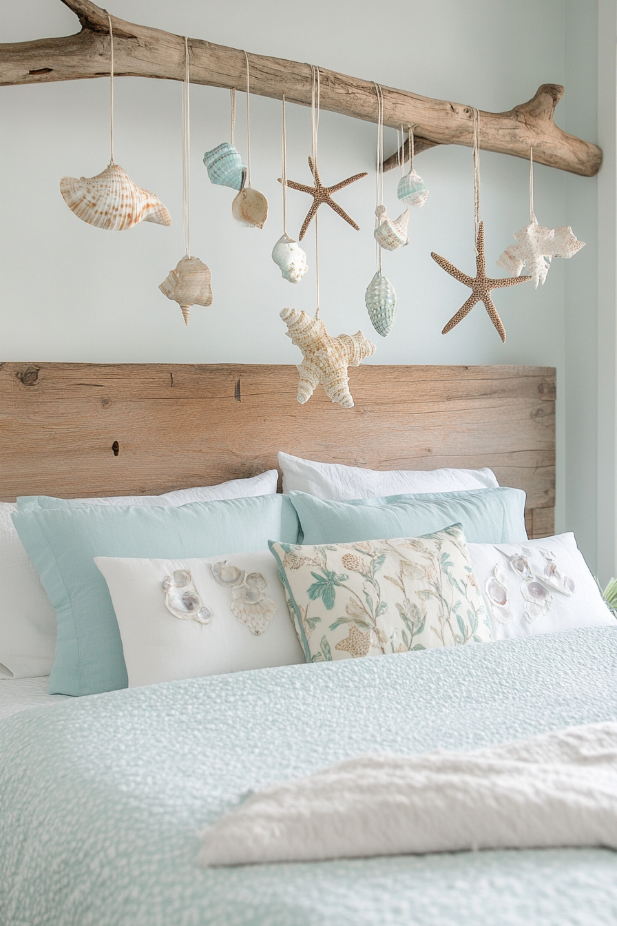 Coastal bedroom. Aquamarine bedding, driftwood headboard, homemade seashell mobile.