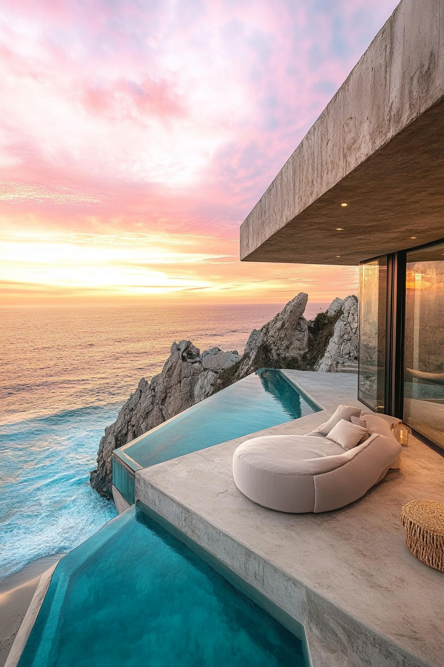 Compact beach house. Angular rooftop, glass walls, overlooking turquoise ocean under a pink sunset.