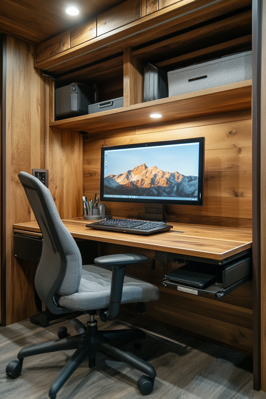 Mobile office within RV. Folded desk against wooden-panel wall with swivel chair.