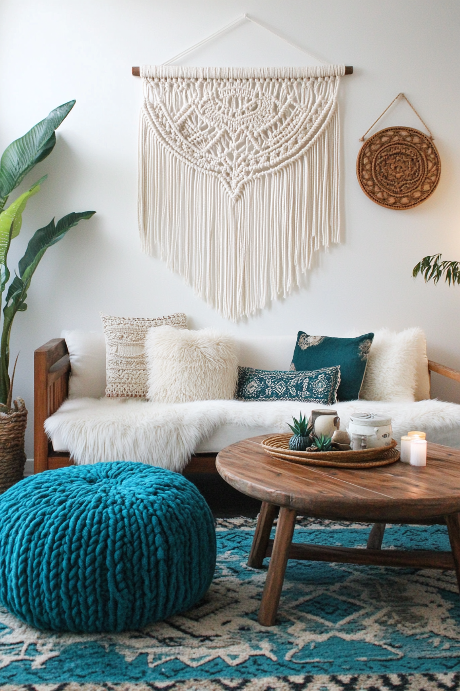 Boho living room. Macrame wall decor, turquoise jewel-toned pouf.