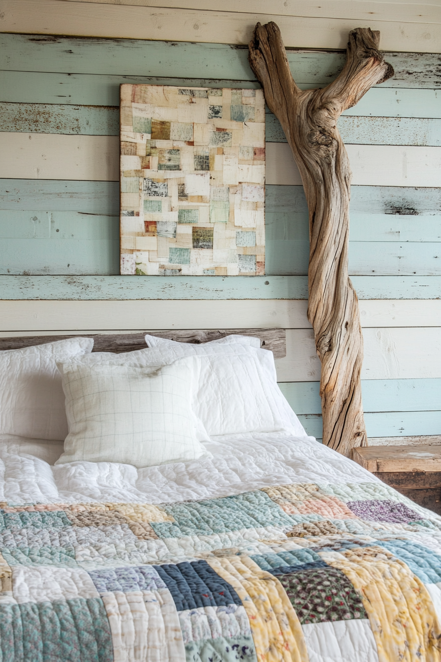 Coastal bedroom. Handcrafted driftwood wall art over a pastel patchwork quilt.