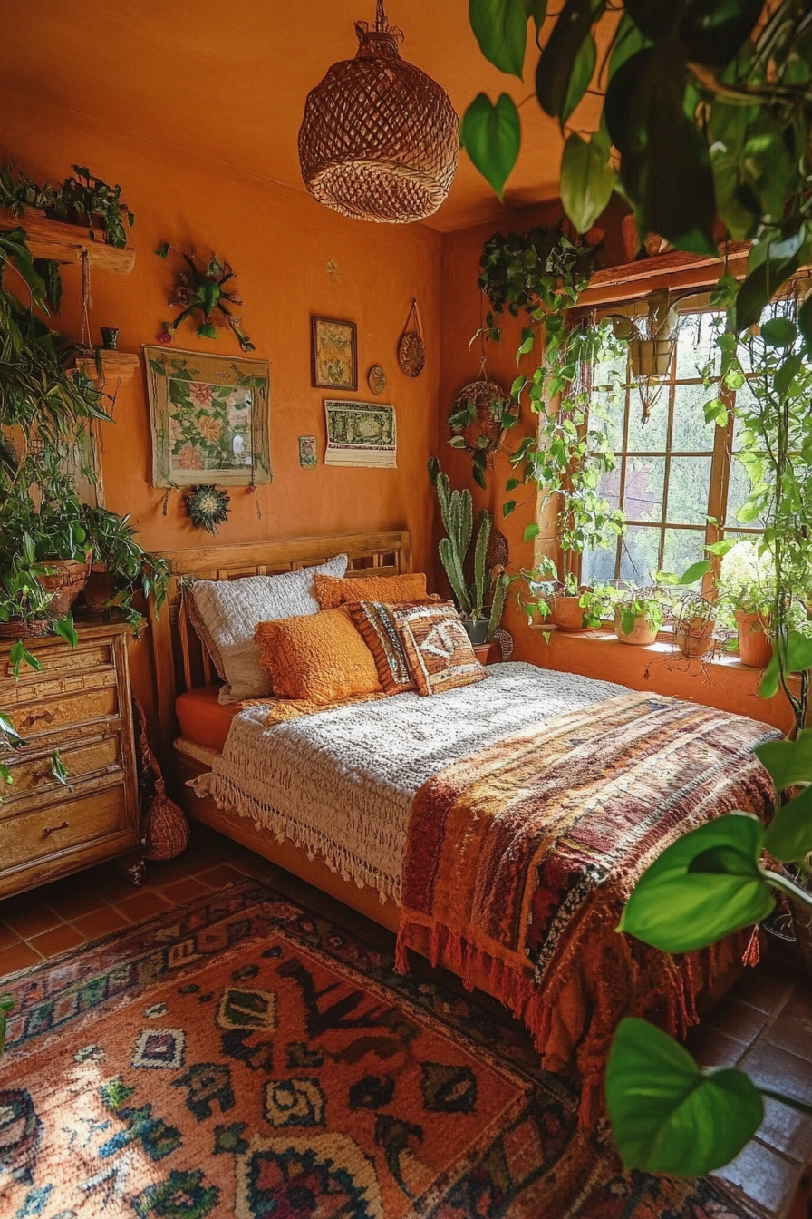 Boho bedroom. Terracotta walls, wooden furniture, woven rugs and abundant green plants.