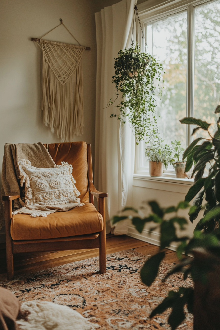 Earthy Boho Bedroom. Greenery laden macrame plant hangers amidst camel brown suede furniture.