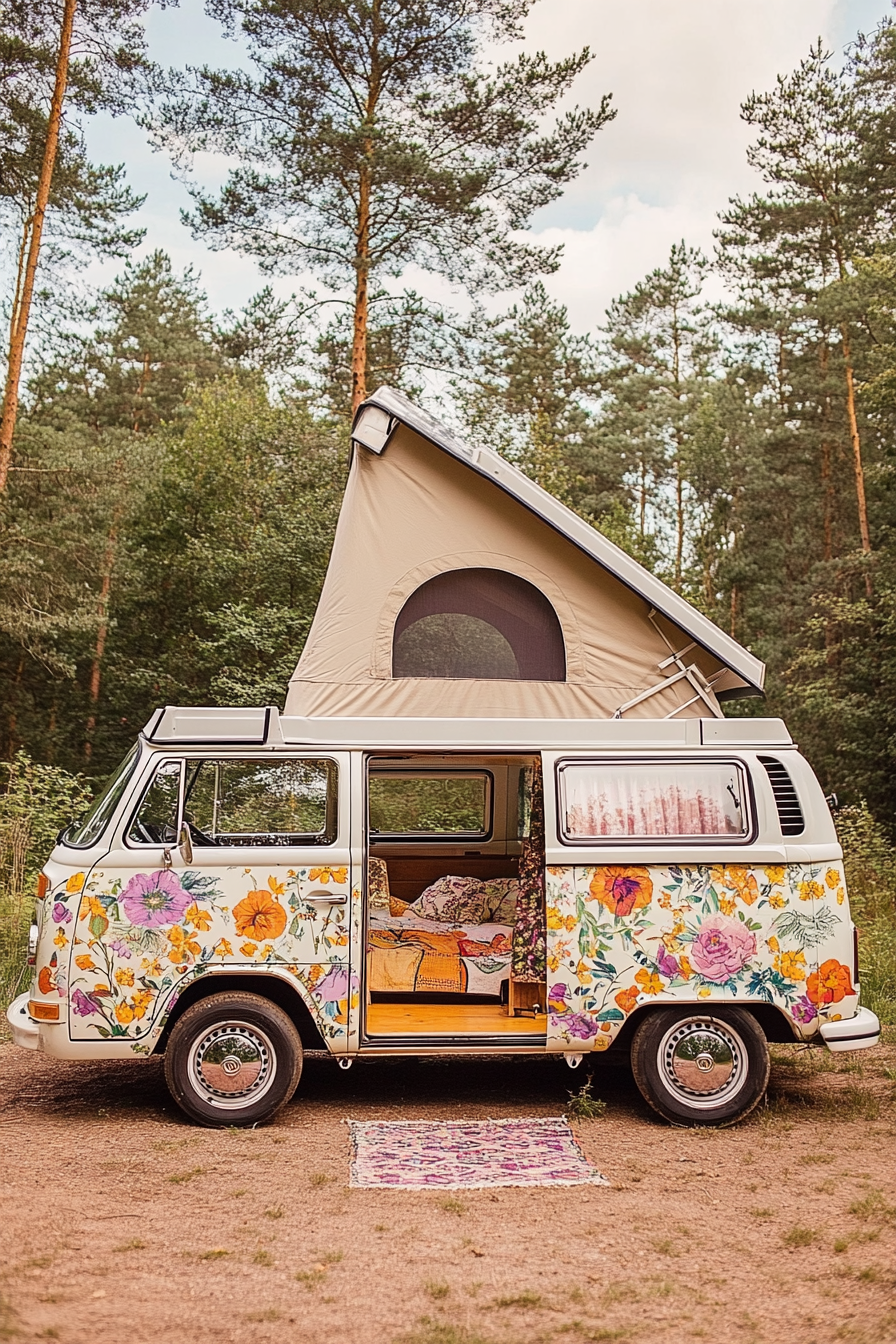 Before and after scene. 70's floral VW Camper Van turned modern glamping haven.