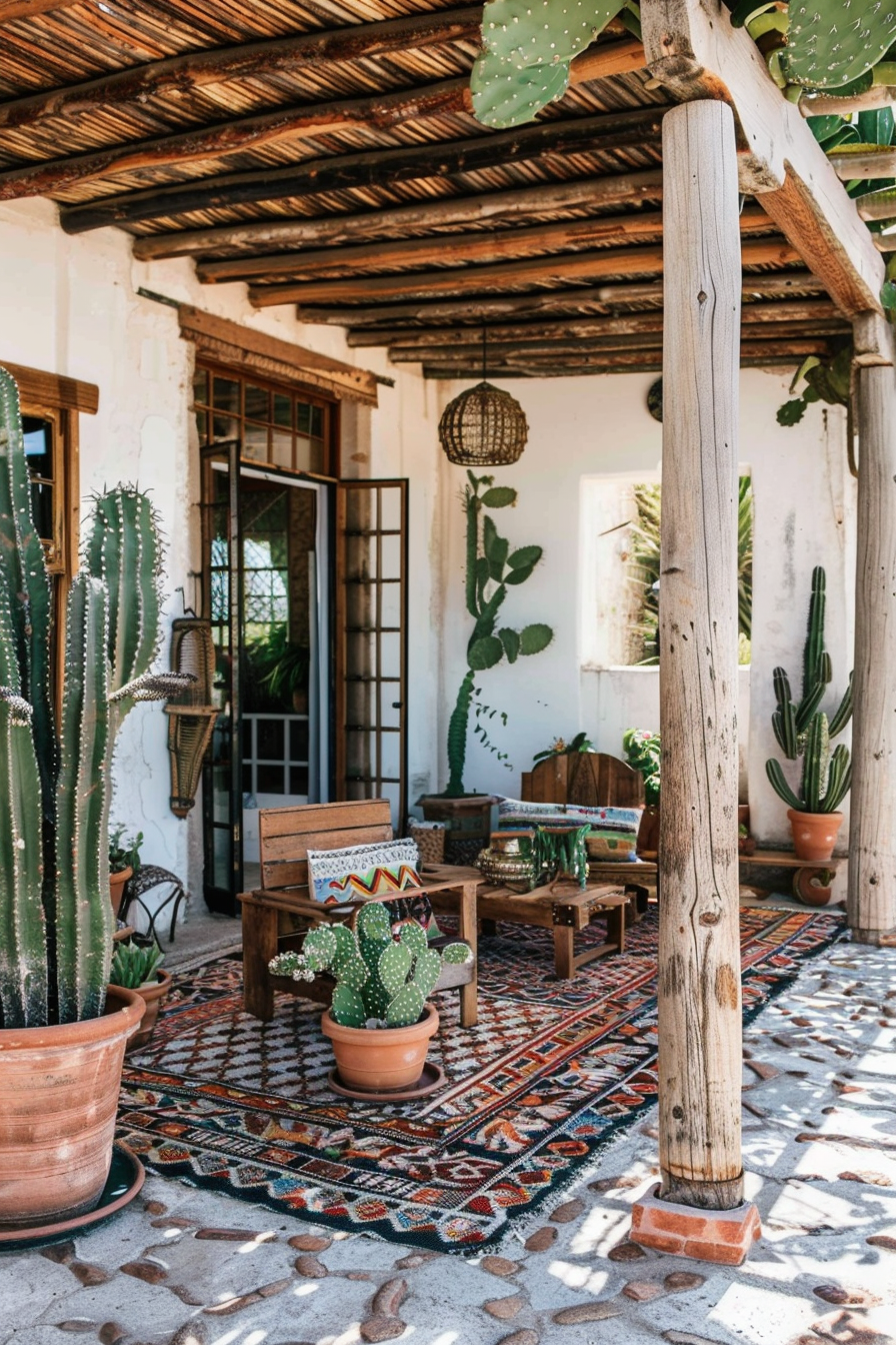 Chic Boho Patio. Potted cacti in terra-cotta pots, teak wood furniture, bohemian patterned outdoor rug.