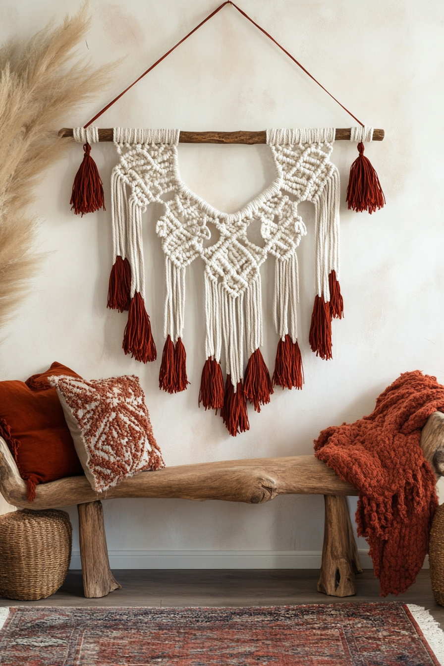 DIY Wall Decor Idea. Macramé wall hanging with rust red tassels.