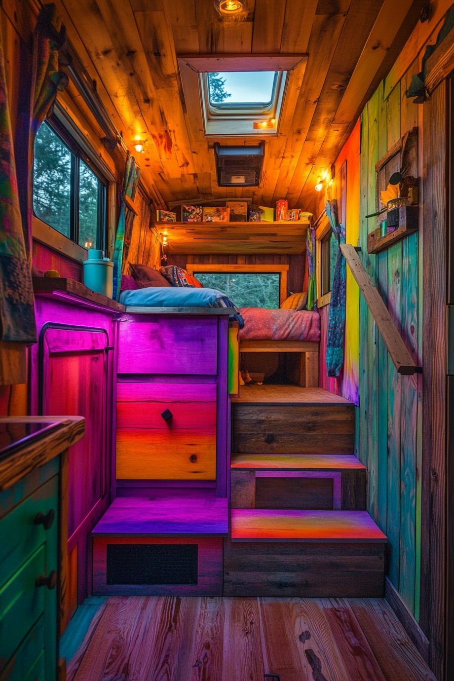 Tiny house camper. Half rustic tiny house interior, half neon-painted exterior at dusk.