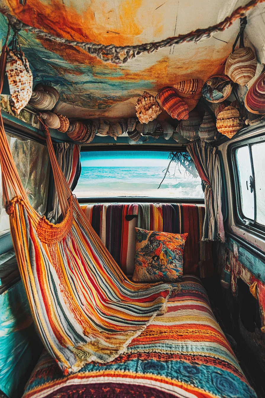 Camper van interior. Striped hammock and shell décor collage.