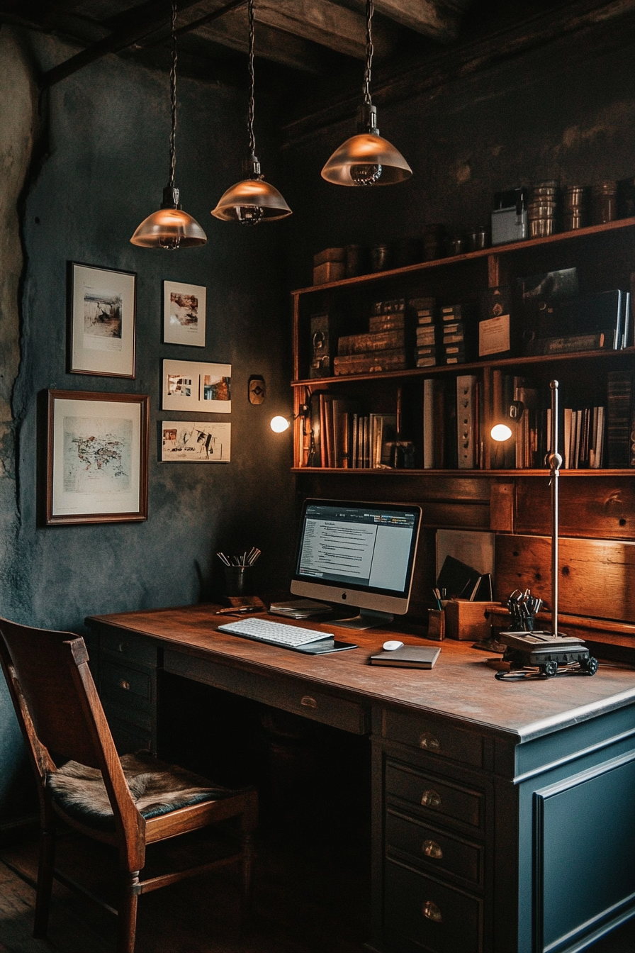 Remote work setup. Vintage designed desk with a monochromatic scheme and rustic lighting.