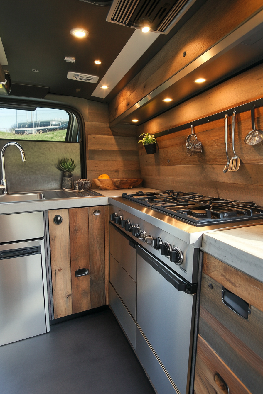 Camper van. Steel stove with matte wood panel cabinets.