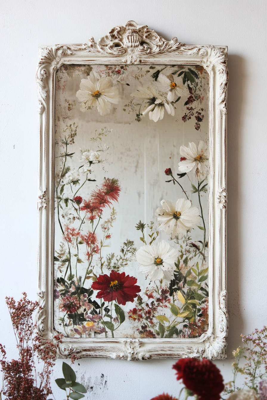 DIY wall decor idea. Repurposed vintage mirror with painted flora pattern.