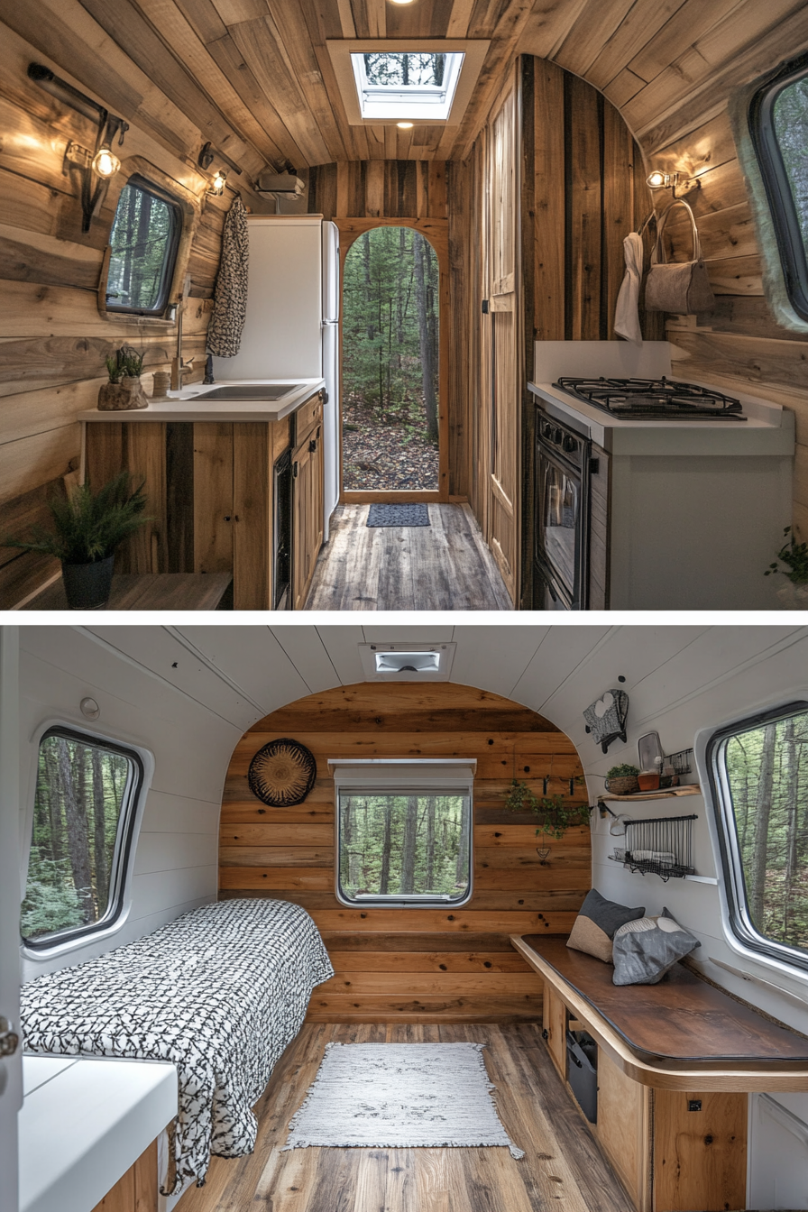 Splitted image. Minimalistic tiny house camper interior and rustic forest exterior.