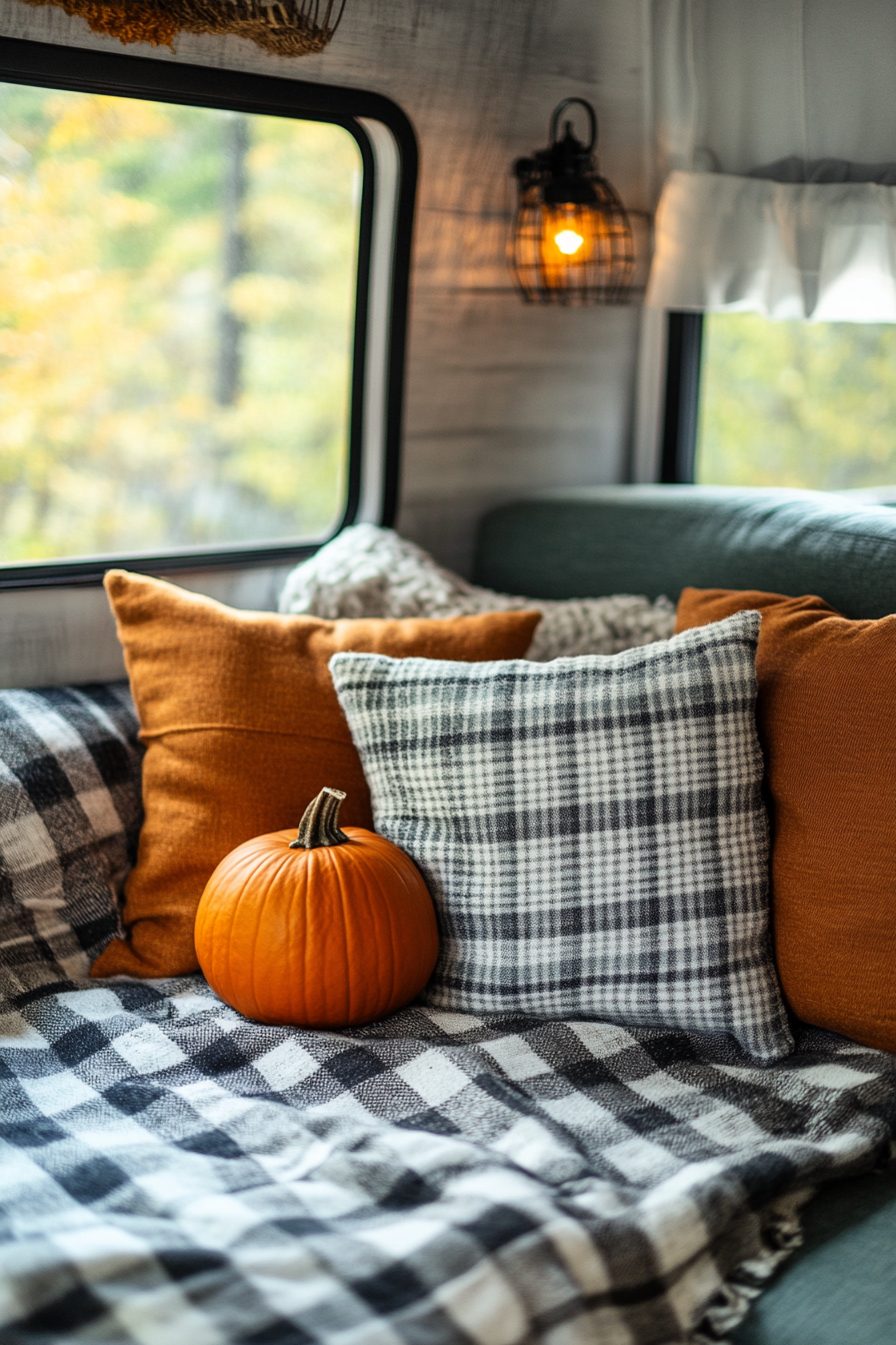 Cozy Fall RV Interior. Pumpkin-colored throw pillows on checkered wool blanket.