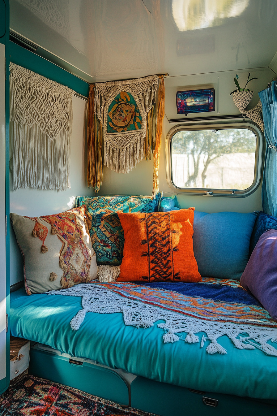 Camper interior. Multicolored cushions on a cerulean daybed with a macrame wall hanging.