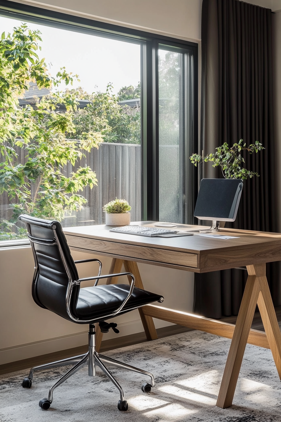 Home Office Inspiration. Sleek oak study desk with a black leather ergonomic chair.