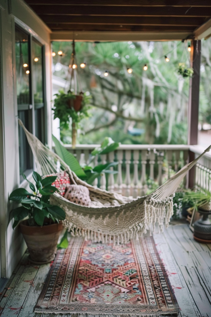 Chic boho patio. Macrame hanging chairs, plants, layered rugs.