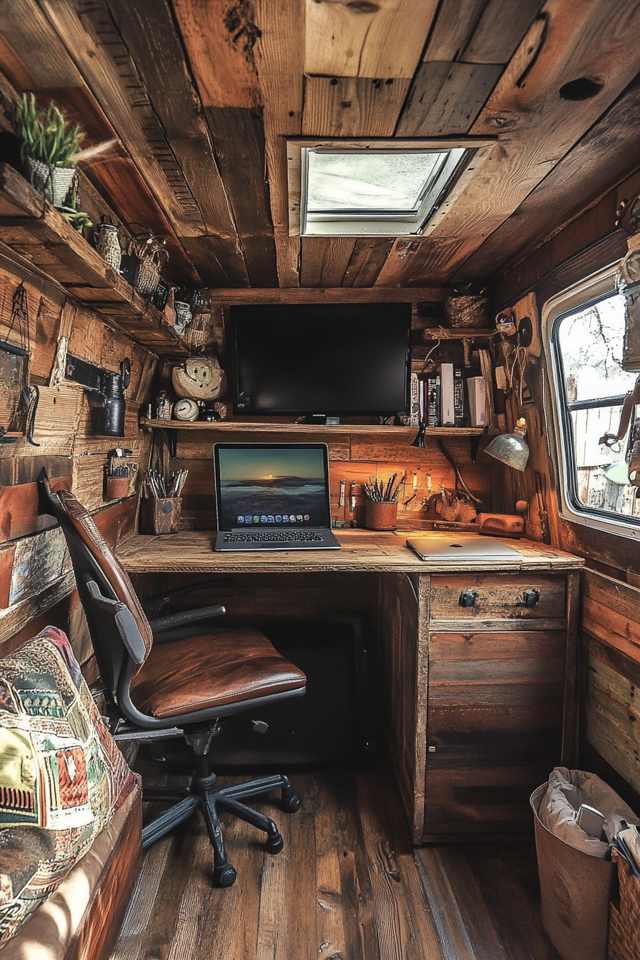 Converted van. Classic Volkswagen transformed into rustic mobile office with wall-mounted desktop.