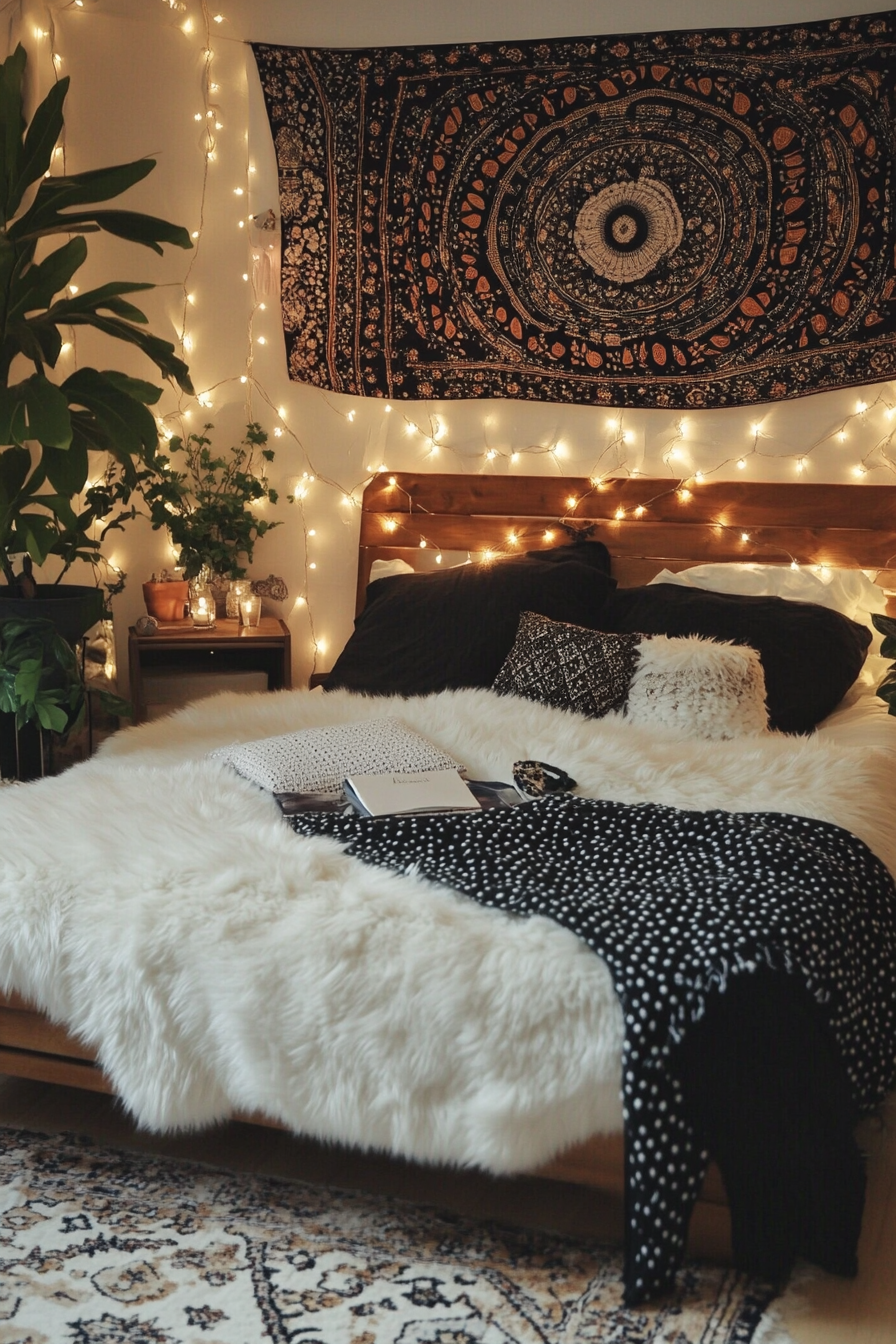 Bedroom. White fur rug, fairy lights around wooden headboard, patterned wall tapestry.