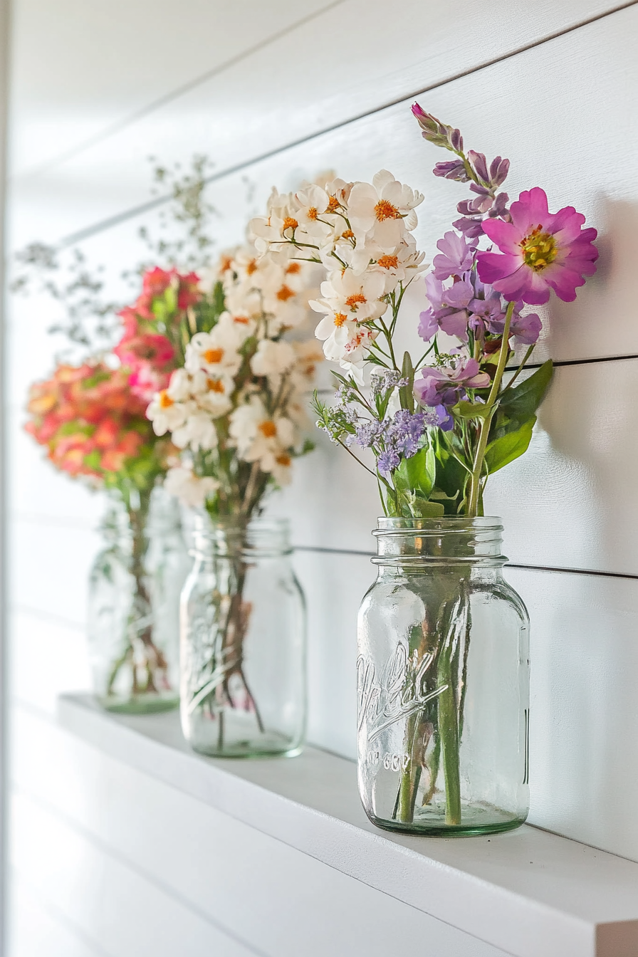 DIY Wall Decor. Mason jar flower vases against matte white wall.